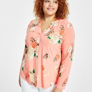 INTERNATIONAL CONCEPTS Split Vee Neck Popover Top Goldtone Zipper Chest Pockets